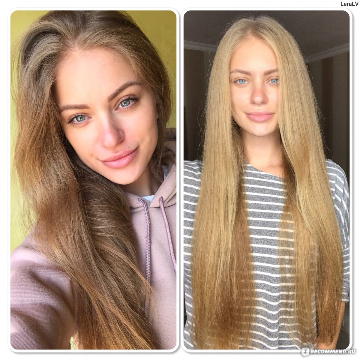 Обесцвеченные волосы до и после