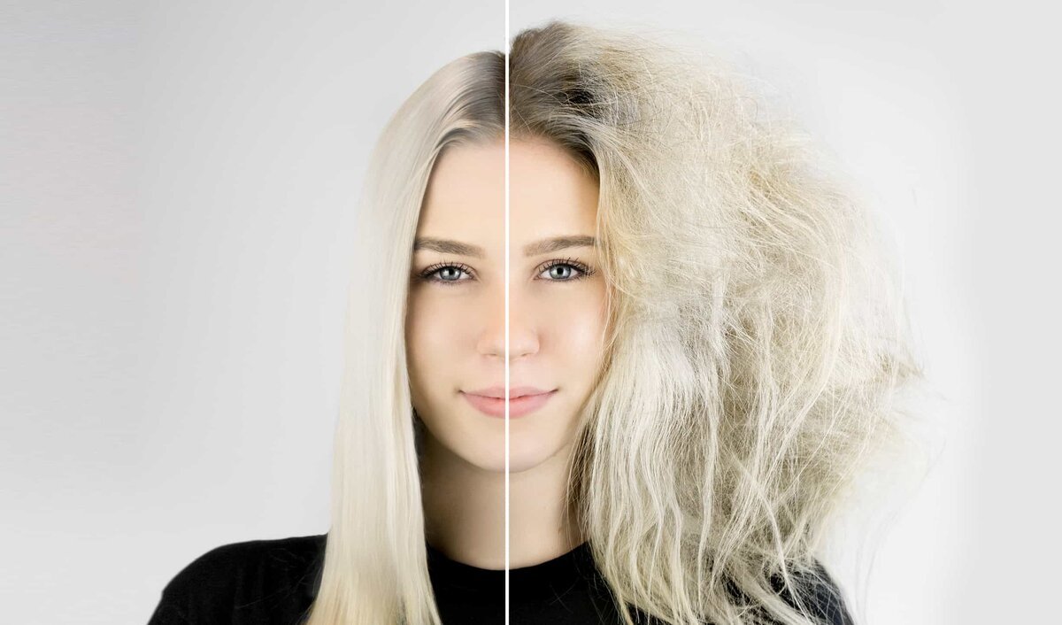 Поврежденные волосы до и после