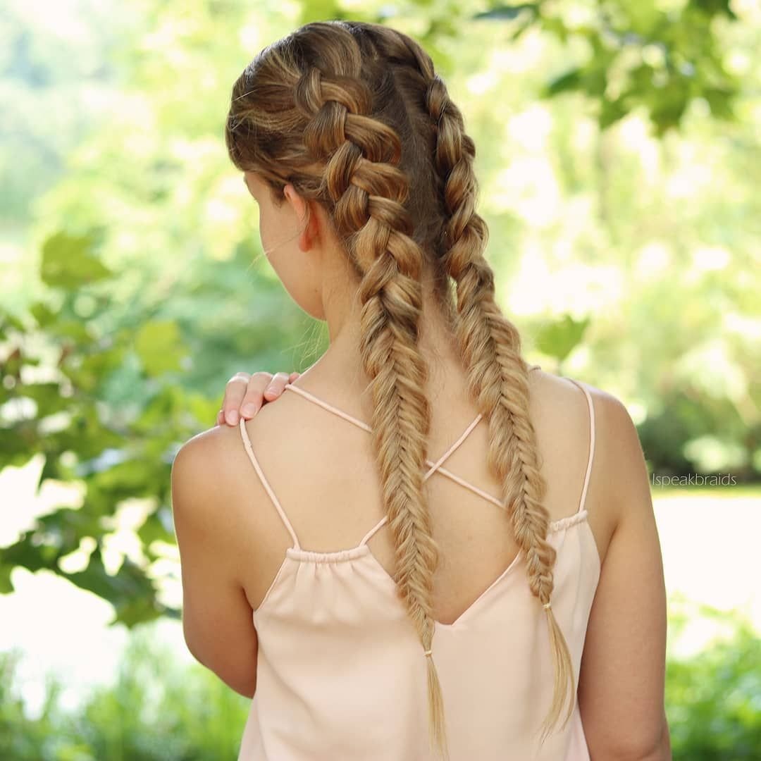 Косички на лето. Коса обычная. Две тонкие косички короткие. Косы на лето. Braided pigtails.