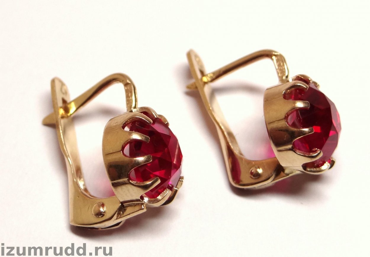 Серьги золотые 583 пробы СССР С розовым корундом