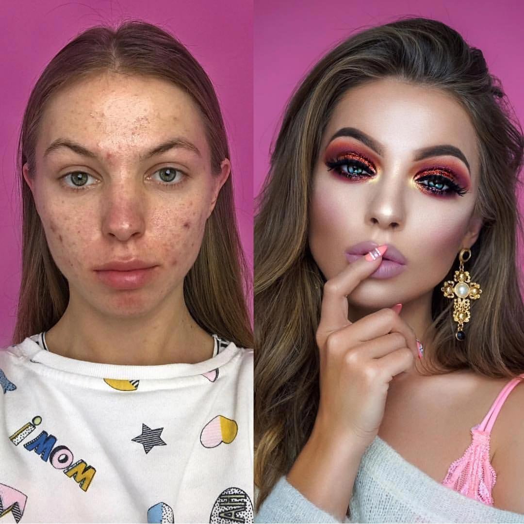 Девушка без макияжа и с макияжем