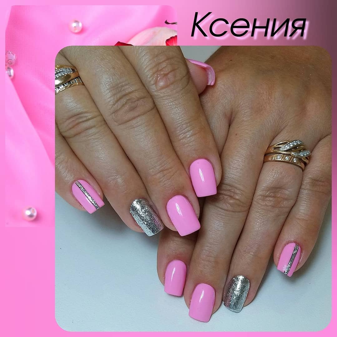 Ногти розовые с серебром