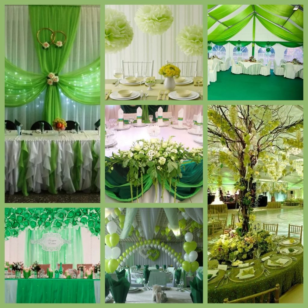 Украшение свадебного зала в нежно зеленом цвете