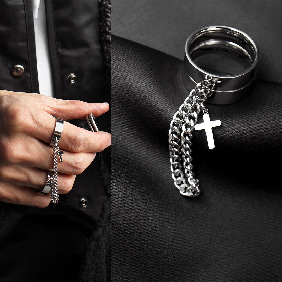 Double Chain Cross Pendant Steel Ring r64