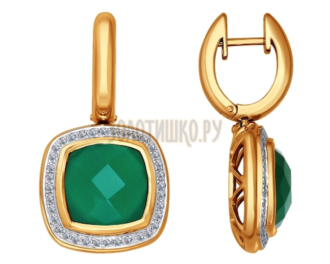 Серьги с агатом и фианитами из золота 585