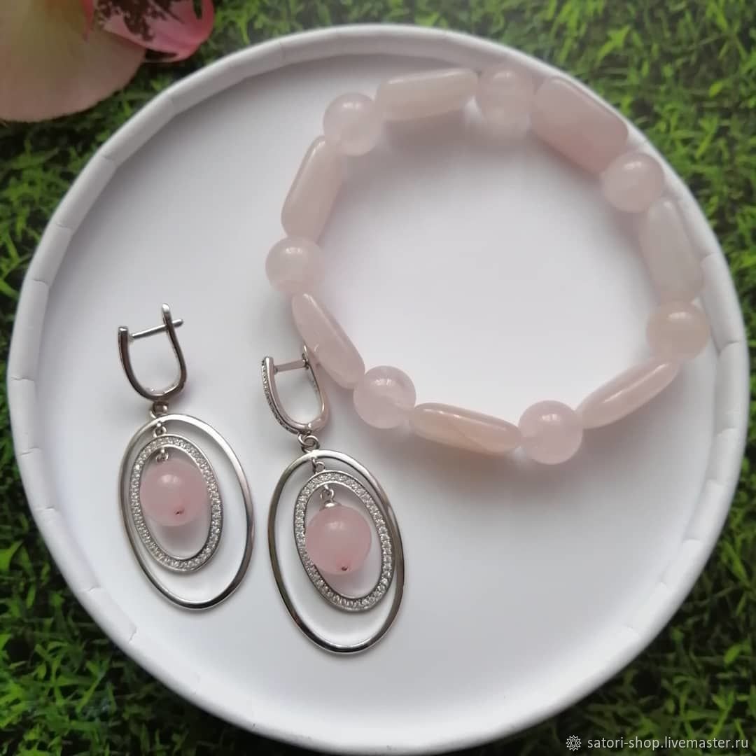 Серьги Клевер с розовым кварцем