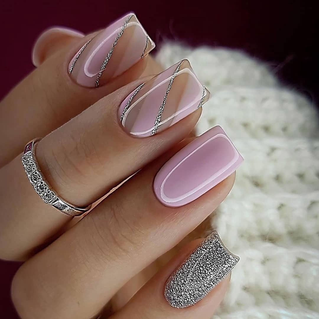 Дизайн ногтей нежно розовый с серебром