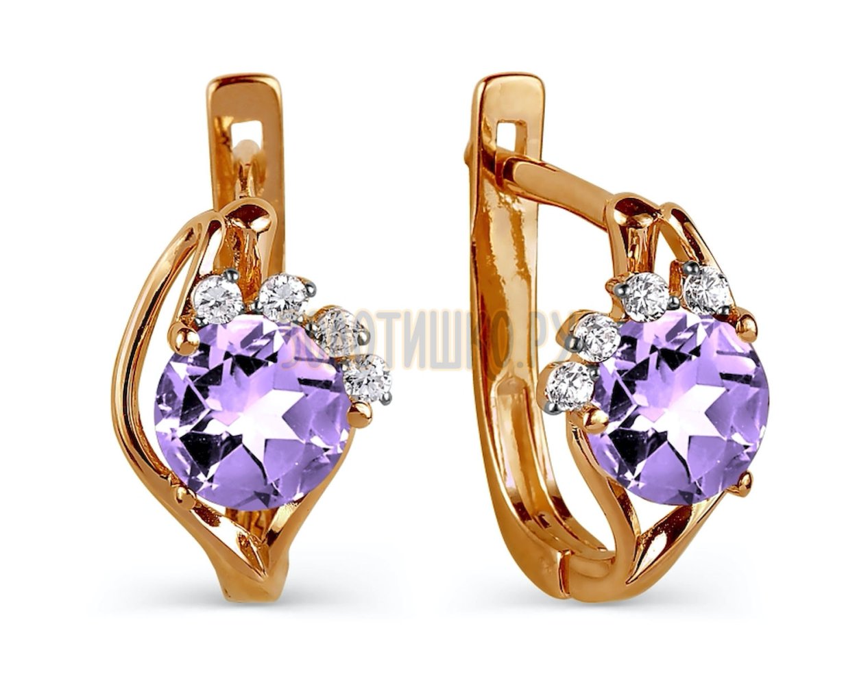 Серьги с аметистом и фианитами из золота 585