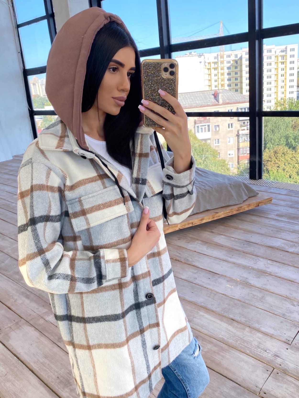 Костюм в клетку женский с капюшоном