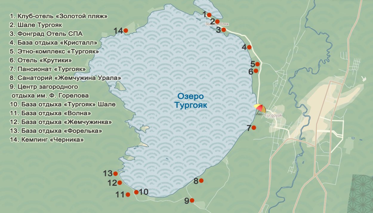 Карта озера Тургояк с базами