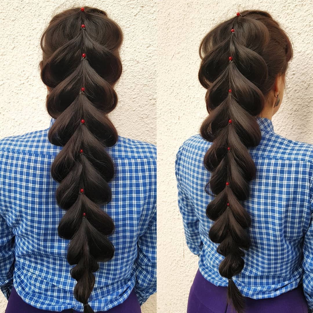 Косички с резинками на длинные волосы